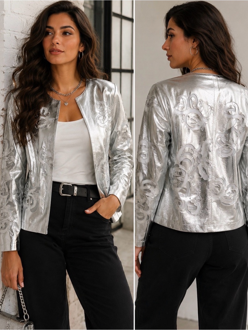 ✨ Chico’s Silver Metallic Faux Leather Statement Jacket ✨